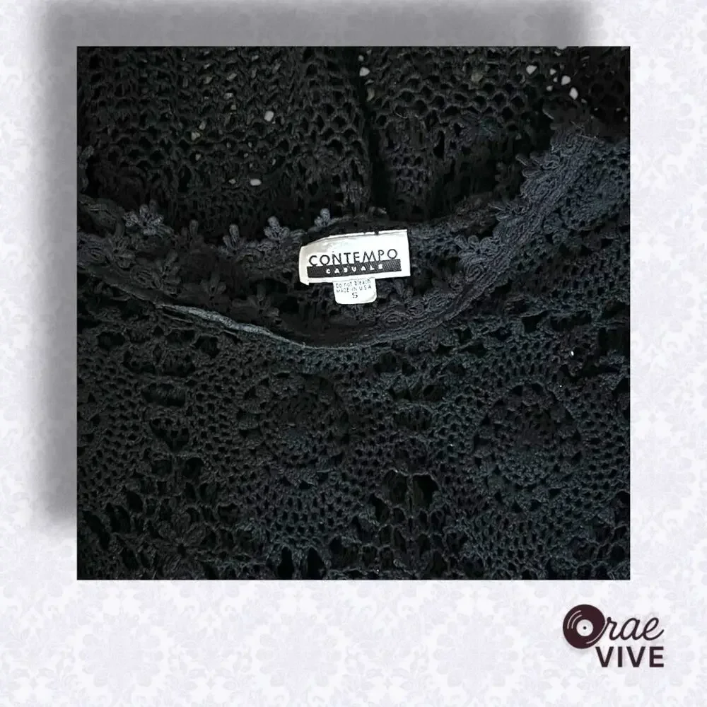 Vintage 90s Contempo Casuals Black Crochet Babydoll Dress Small XS Y2K Grunge - Picture 3 of 4